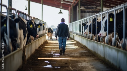 An American man is walking on a large farm with purebred dairy cows grazing in a contemporary farm.