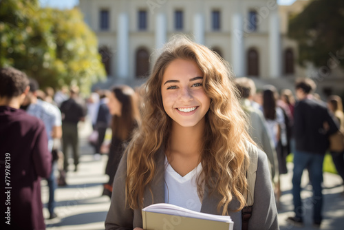  Bright and cheerful young female student holding books, smiling in front of a lively student crowd with classic college architecture in the background, embodying the hope of academic success.