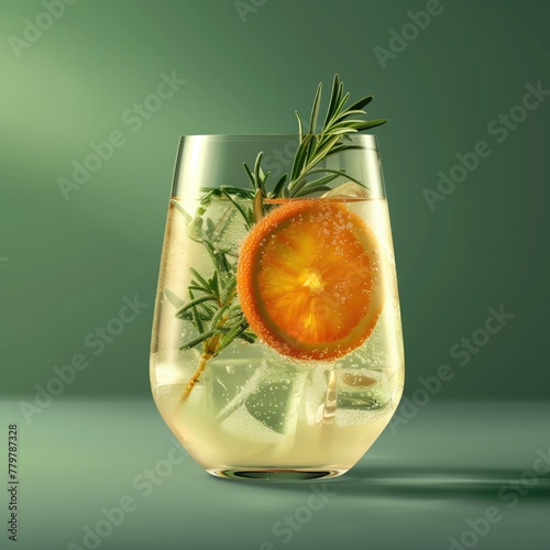 Refreshing plantinfused liquid with Valencia orange and rosemary in tableware photo