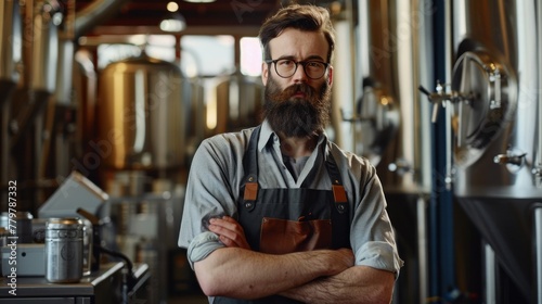 A man works in a brewery where the owner controls the quality of craft beer.