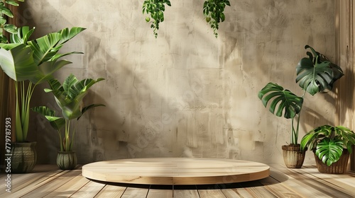 Serene indoor scene with wooden platform and assorted houseplants in sunlight. photo