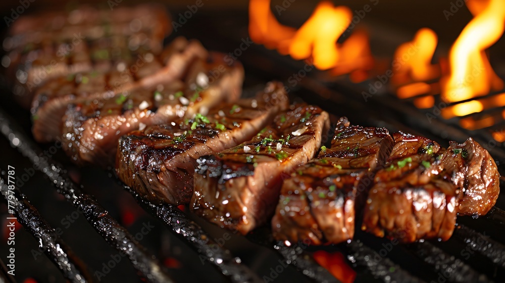 Juicy picanha cut resting atop the BBQ flames gently kissing the edges for that perfect char - obrazy, fototapety, plakaty 