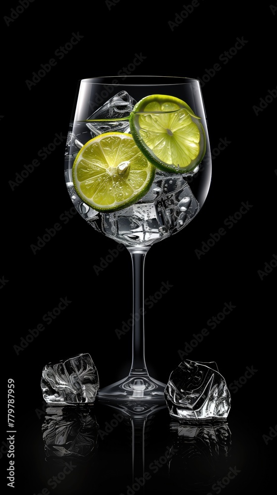 Classic cocktail a gin and tonic in tableware with lemon and rosemary garnish, black background