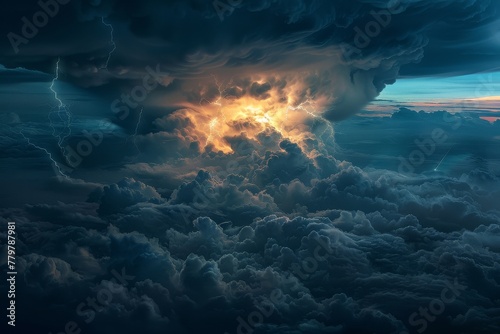 A dramatic abstract representation of a thunderstorm with dark clouds, lightning, and rain. photo