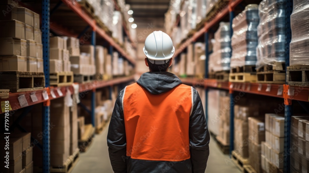 Fototapeta premium Employees check products in a large warehouse.