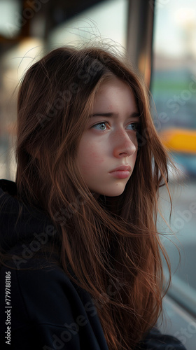 A teenage girl looking straight ahead sadly