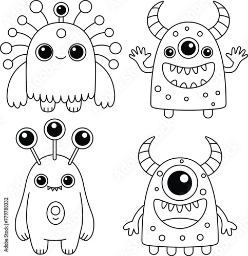 Happy Halloween.Set of cute monster isolated on white background cartoon character coloring page for kids. Funny animal outline illustration
