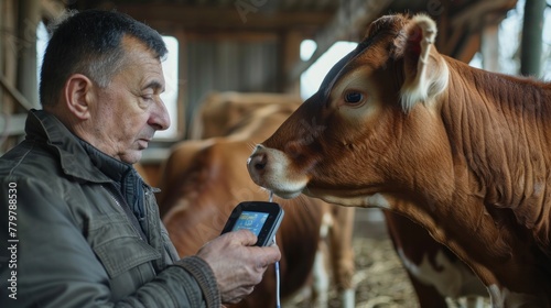 Artificial insemination of cows, veterinarians with ultrasound equipment are checking to see if cows are pregnant on the farm. photo