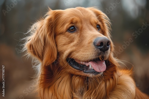 Close-up of a cheerful golden retriever dog with a shiny coat looking content in a natural setting Perfect portrayal of companionship and joy