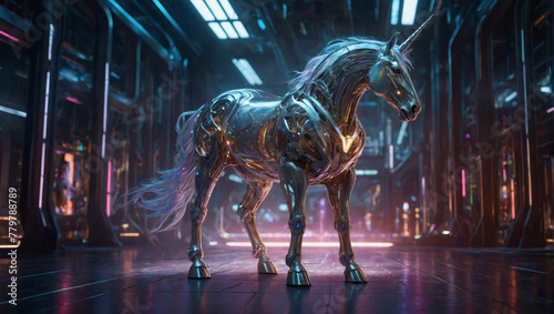 Within a futuristic laboratory filled with pulsating lights and intricate machinery, a genetically-enhanced unicorn stands as the central focus. © xKas