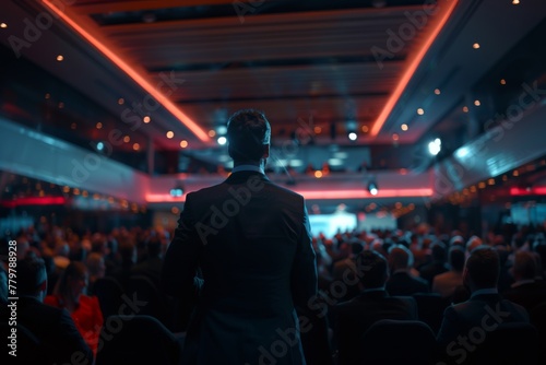 Rear view of a professional speaker addressing an attentive audience at a corporate conference in a modern auditorium.