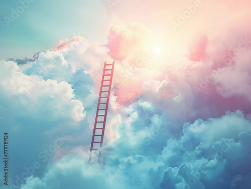 Climbing a ladder through clouds, a metaphor for rising above challenges and reaching new heights