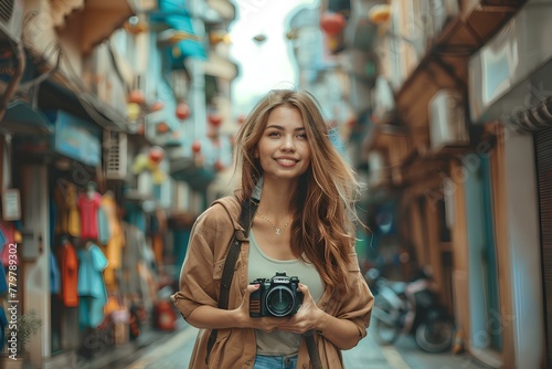 A woman holding a camera in a narrow street