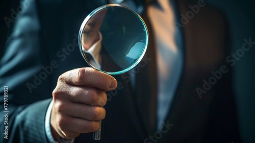 Business analytics and statistics are explored by a businessman using a magnifying glass, suggesting a deep dive into data and reports