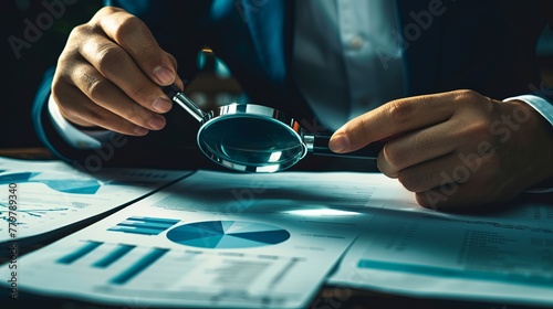 Business analytics and statistics are explored by a businessman using a magnifying glass, suggesting a deep dive into data and reports