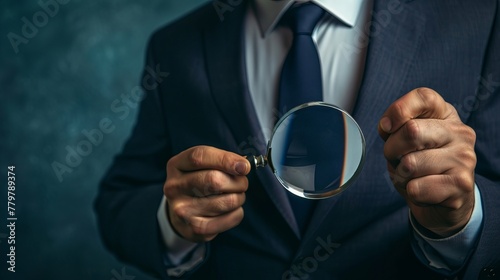 Business analytics and statistics are explored by a businessman using a magnifying glass, suggesting a deep dive into data and reports