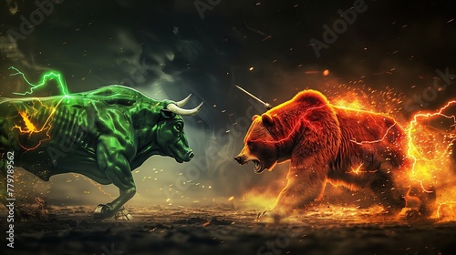 Bulls and bears with lightning bolts, technology, stock ideas up and down.
