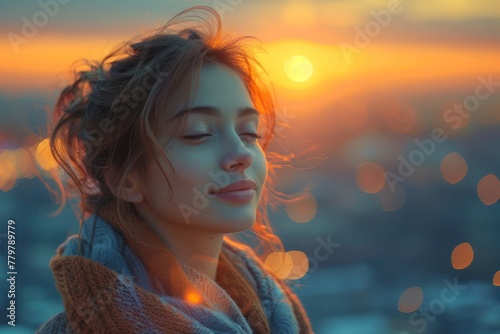 Young woman with a serene expression against bokeh lights at sunset © Larisa AI