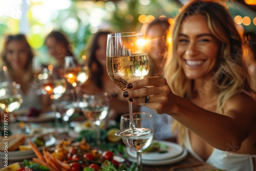 Happy woman raising a wine glass at a dinner party with friends enjoying meal