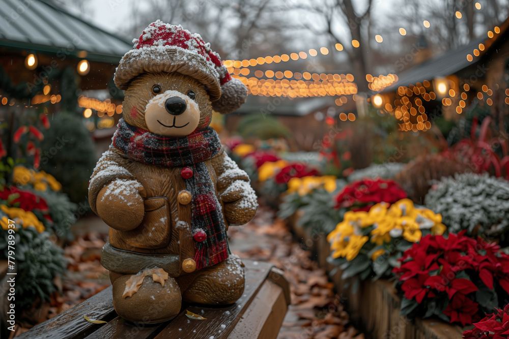wooden bear toy dressed for the winter holidays in a flower shop