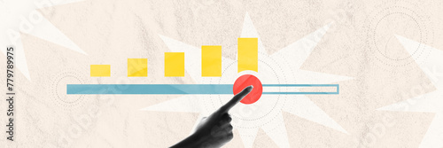 Banner. Contemporary art collage. Hand interacting with red pushpin on abstract graph with yellow bars and blue timeline. Concept of business, human resources, deadlines, time-management photo