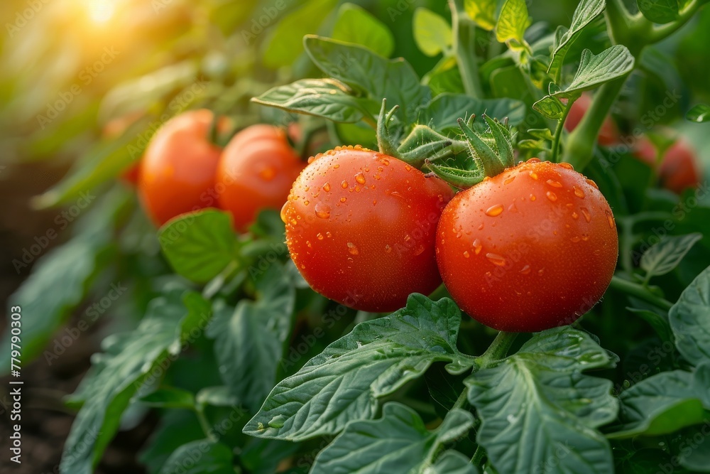 Ripe, dew-speckled tomatoes bask in the warm sunlight, symbolizing growth, freshness, and sustainable agriculture