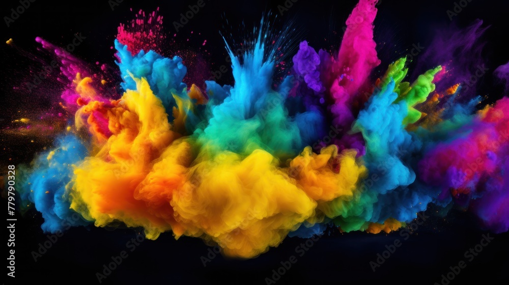 Happy Holi colorful powder explosion on black background, Happy Holi video background.