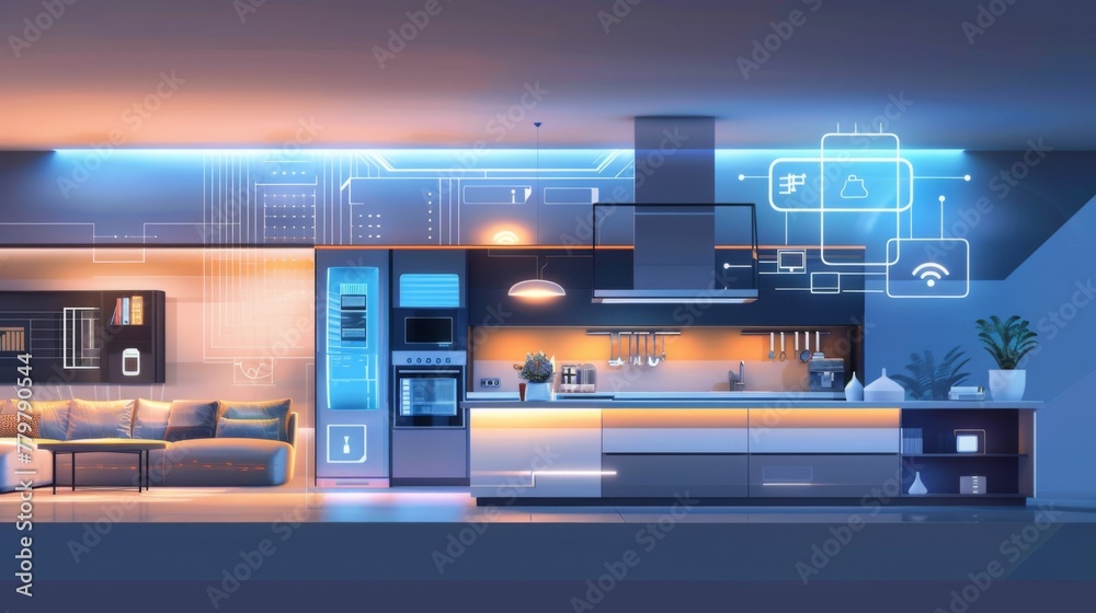A futuristic kitchen with a large screen on the wall. The kitchen is modern and sleek, with a lot of chrome and glass elements. The countertops are made of a shiny A futuristic kitchen with a large screen on the wall. The kitchen is modern and sleek, with a lot of chrome and glass elements. The countertops are made of a shiny