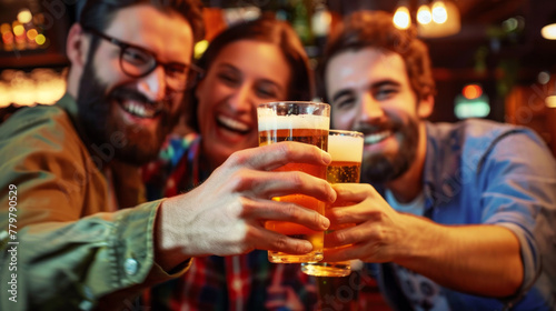 friends laughing drinking beer and toasting,