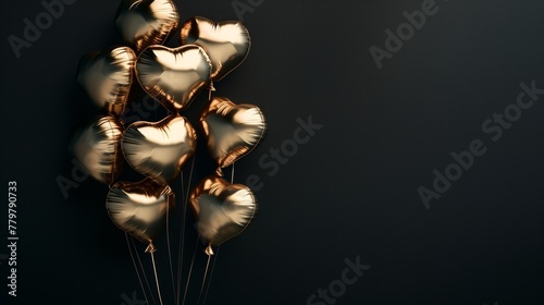 Gold heart-shaped balloons on a dark background with empty space