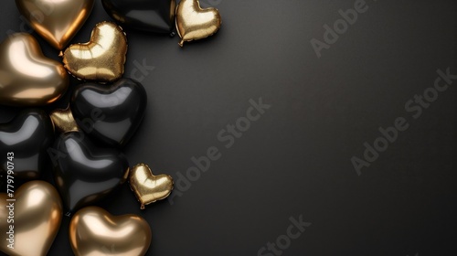 Elegant black and gold heart-shaped balloons on a dark background photo