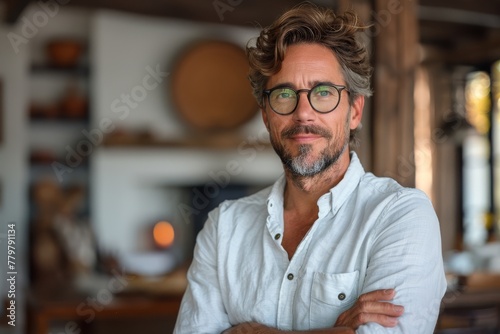 Portrait of a mature, confident man wearing glasses and casual attire with a soft-focus background