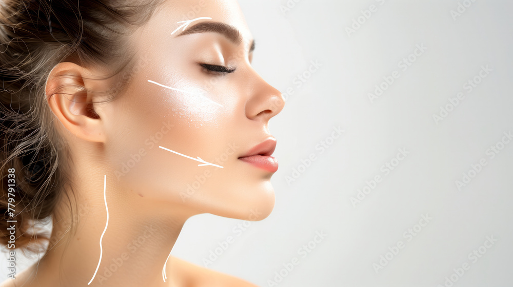 A woman with a white face and a white background. Woman with perfect skin after cosmetic treatment on white background. Lifting arrows on her neck and face A woman with a white face and a white background. Woman with perfect skin after cosmetic treatment on white background. Lifting arrows on her neck and face