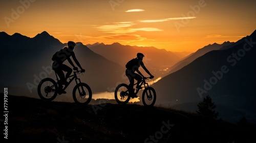 Silhouette of a tourist cyclist in the evening, a tourist adventures on a bicycle.