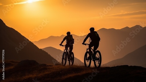Silhouette of a tourist cyclist in the evening, a tourist adventures on a bicycle. © ORG