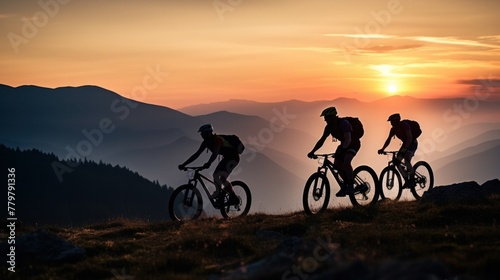 Silhouette of a tourist cyclist in the evening, a tourist adventures on a bicycle.