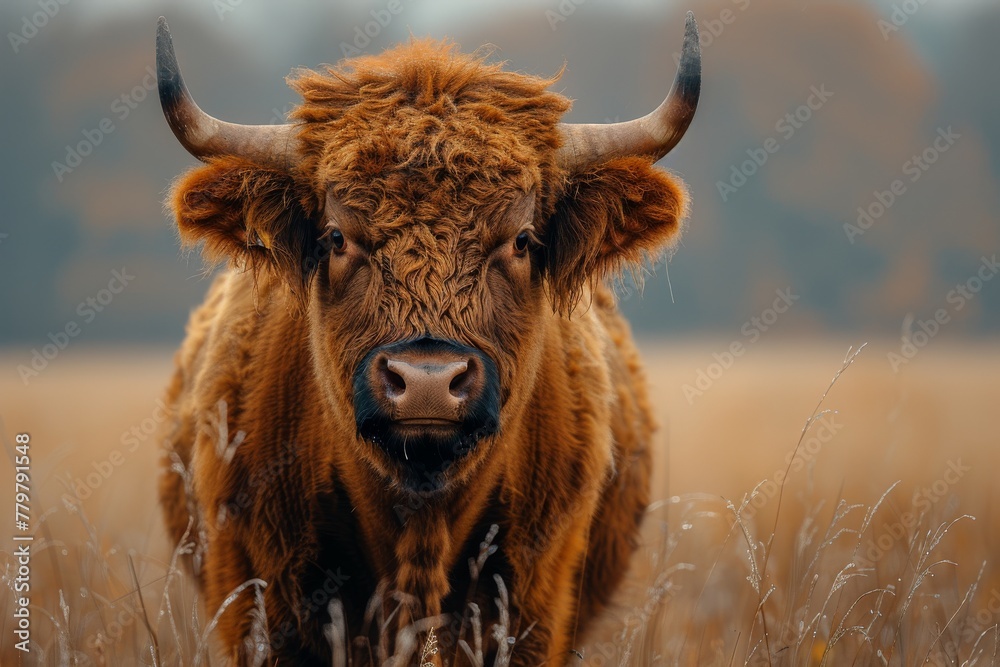 A majestic Highland cow stands calmly in a field, with its shaggy fur and horns A majestic Highland cow stands calmly in a field, with its shaggy fur and horns