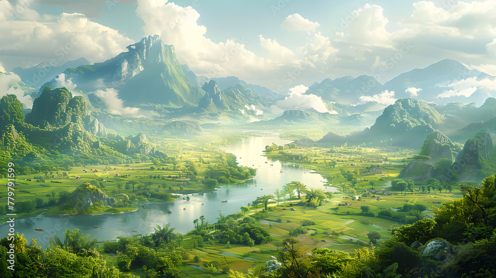 Fantasy Valley with Majestic Mountains and Meandering River, Generative AI