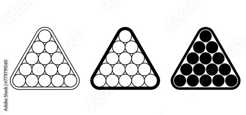 Cartoon billiard triangle for billiard table or snooker table with cues and balls rack. Pyramid of billiard balls for pool table with cue and ball. Game tools. Sports game. Billiard balls racked in tr photo