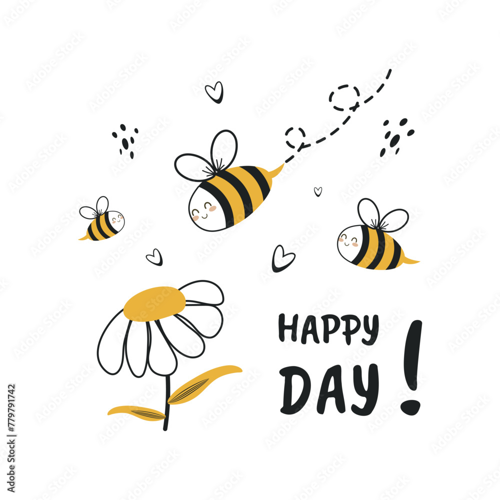 Cute children's design with funny bees. Vector illustration of a happy day.