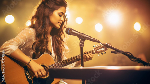 Portrait of female singer playing guitar in concert