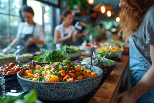 A selective focus shot capturing a colorful mixed salad in a decorative bowl at an urban food bar