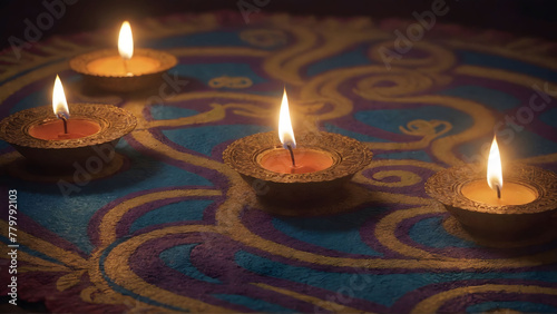 Oil lamps lit on colorful rangoli during diwali celebration