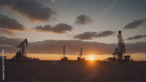 Oil drilling derricks at desert oilfield for fossil fuels output and crude oil production from the ground