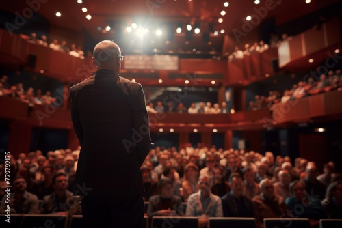 Rear view of a male speaker standing before an attentive audience in a large conference hall during a professional event. © Anton Gvozdikov