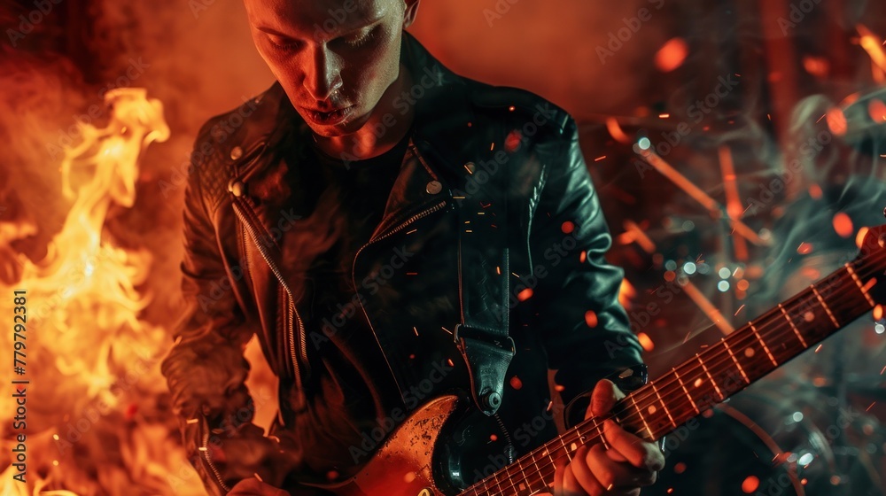 Young guitarist in a rock band Wearing a black leather shirt, guitar paddles, drag background, fire.