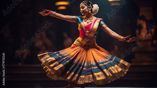 Portrait of beautiful indian woman performing bharatnatyam dance in concert photo