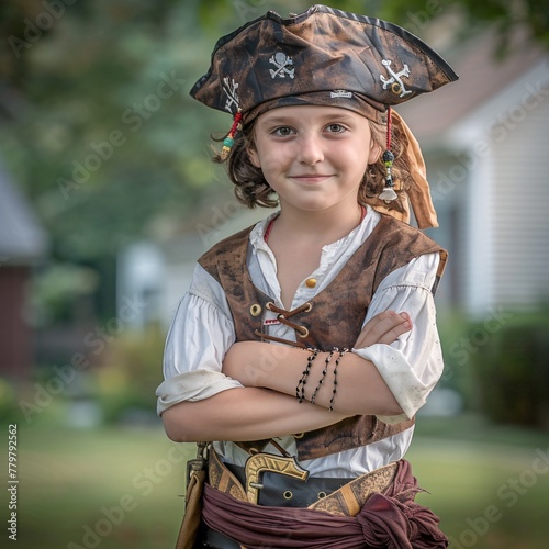 Young adventurer pirate costume adorned with the Jolly Roger setting sail on a quest for hidden treasures in the neighborhood photo