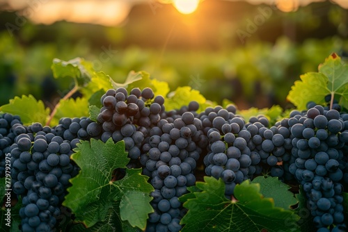 Ripe bunches of grapes on the vine with sun setting in background, representing winemaking, agriculture and golden hour in a vineyard