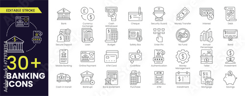 Banking and Finance Editable Stroke icons collection. Containing Bank, Currency Exchange, Cheque, Security Guard, Money Transfer, Loan, Mobile Banking. Editable outline icons pack.